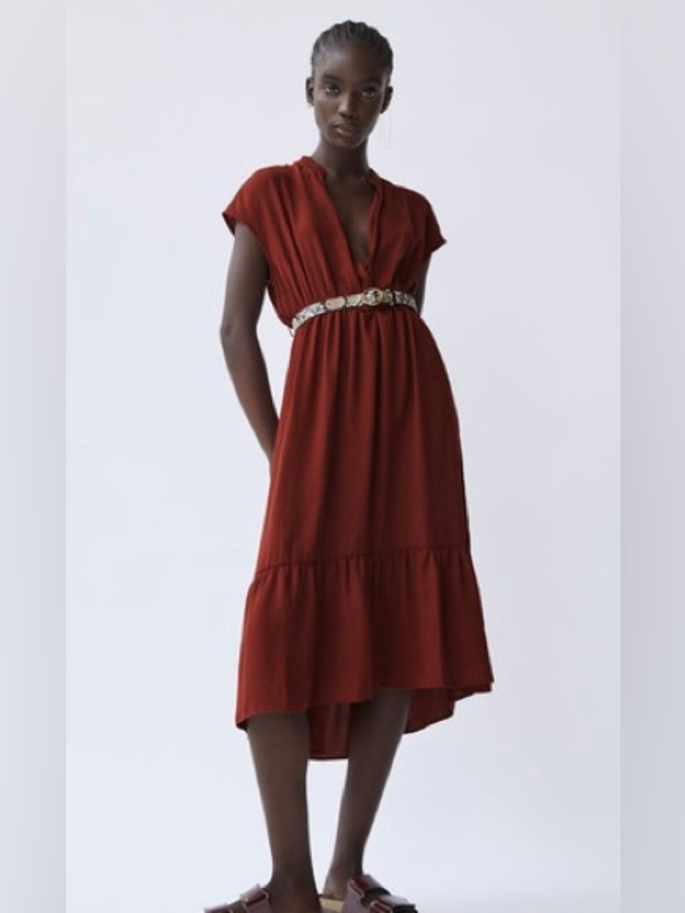 Zara Elegant Rust Red V-Neck Midi Dress